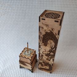 Wooden Hidden Dragon Vertical Incense Stick Burner Box Laser Cut Home Decor