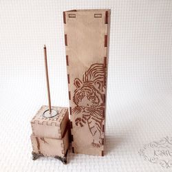 Wooden Crouching Tiger Vertical Incense Stick Burner Box Laser Cut Home Decor