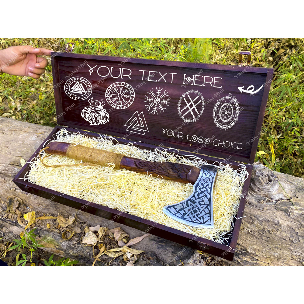 Custom Engraved Viking Axe In Wooden Box  Handcrafted Axe Collectible Axe Gift For Birthdays  Anniv 0