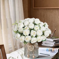artificial flower white rose bundle, ten head silk roses for wedding, scrapbook, outdoor garden, party, family room vase