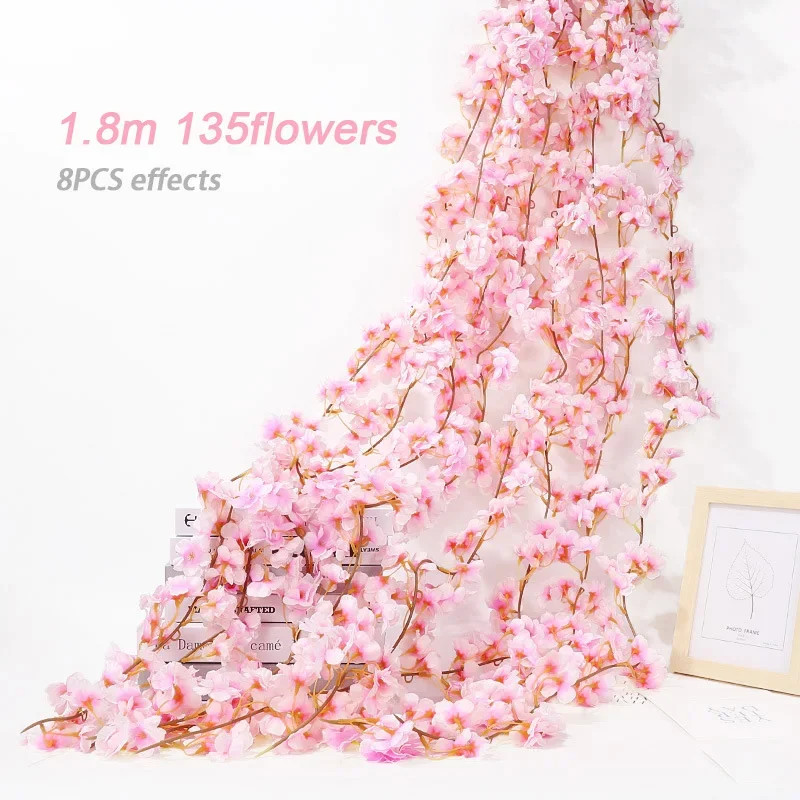 Artificial Flowers, Sakura Garland, Cherry Blossom Vine, Wedding Arch Decoration, Silk Fake Plants, Garden Backdrop