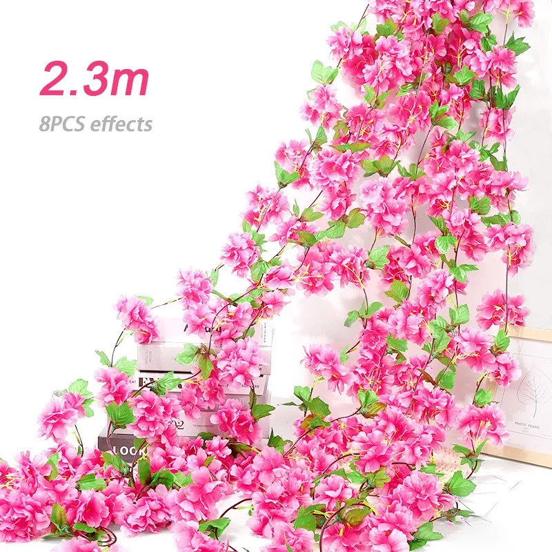 Artificial Flowers, Sakura Garland, Cherry Blossom Vine, Wedding Arch Decoration, Silk Fake Plants, Garden Backdrop