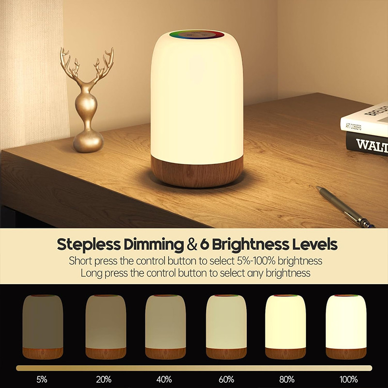 USB Rechargeable Night Light LED Touch Lamp With Dimmable RGB Colour Wood Grain Table Lamp With Tim