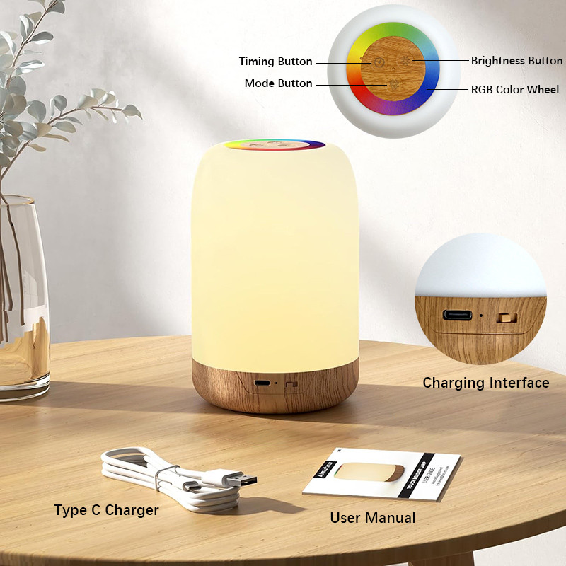 USB Rechargeable Night Light LED Touch Lamp With Dimmable RGB Colour Wood Grain Table Lamp With Tim
