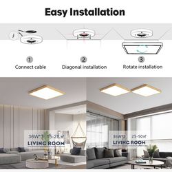 smart ceiling lamp, wood grain square design, alexa and google home voice control, modern led ceiling light