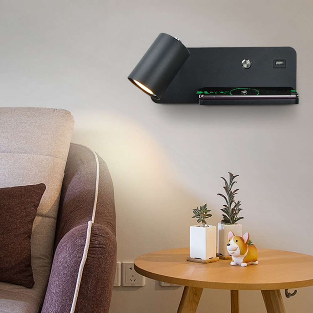 LED Wall Sconce, with USB and Wireless Charging, Modern Indoor Wall Lamp for Bedroom, Bed side Lighting