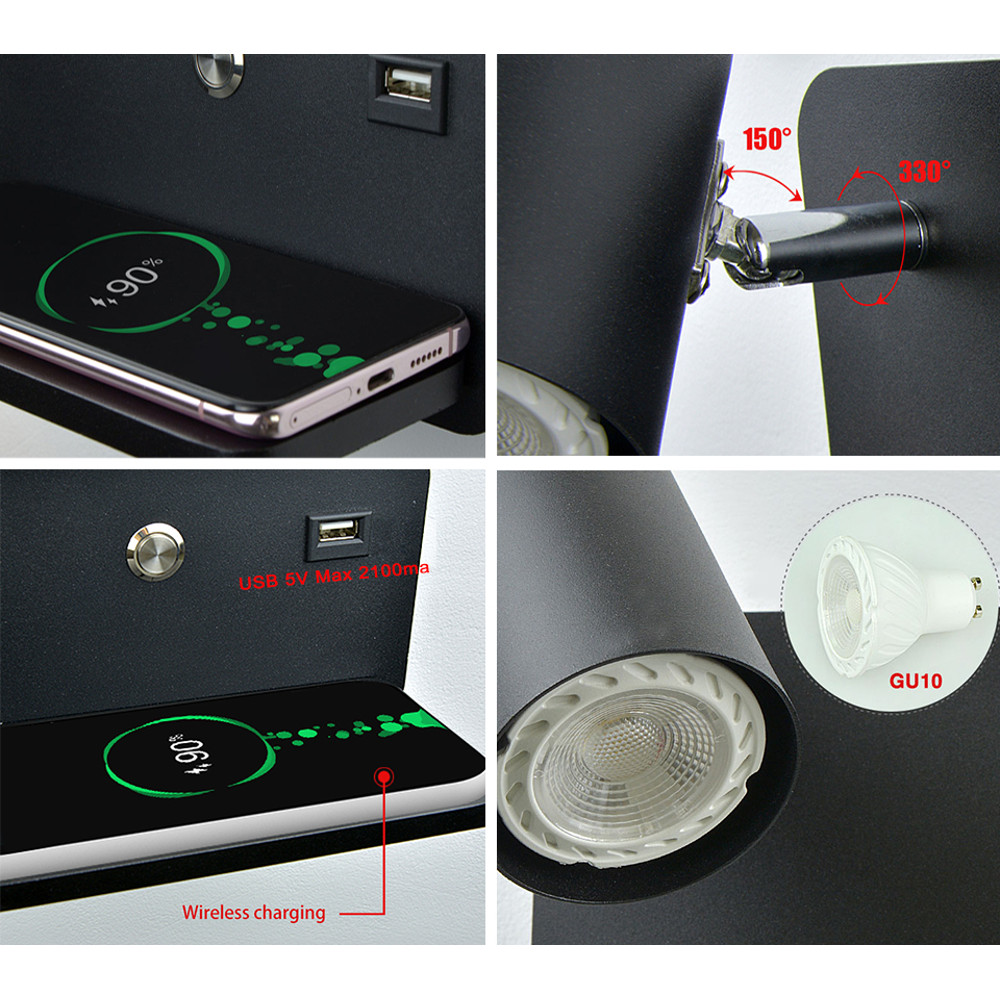 LED Wall Sconce, with USB and Wireless Charging, Modern Indoor Wall Lamp for Bedroom, Bed side Lighting