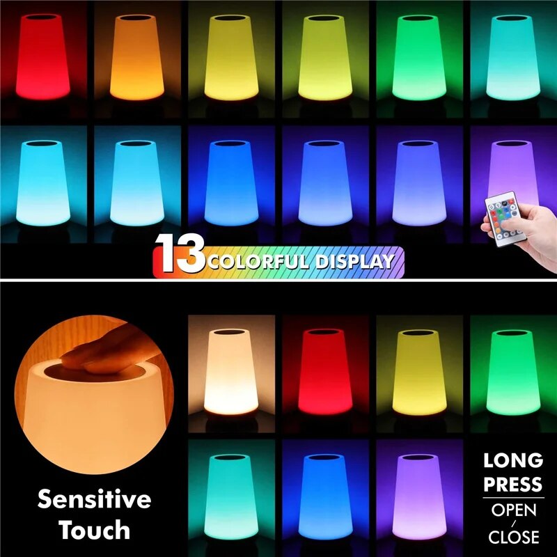 USB Rechargeable RGB Night Light, Touch and Remote Control, Dimmable Portable Bedside Lamp