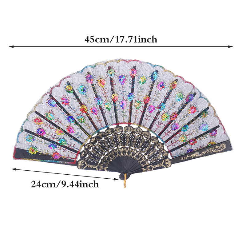 Elegant Sequin Embroidered Fan, Plastic Folding Fan, Handheld Craft Fan for Wedding, Dance, Party
