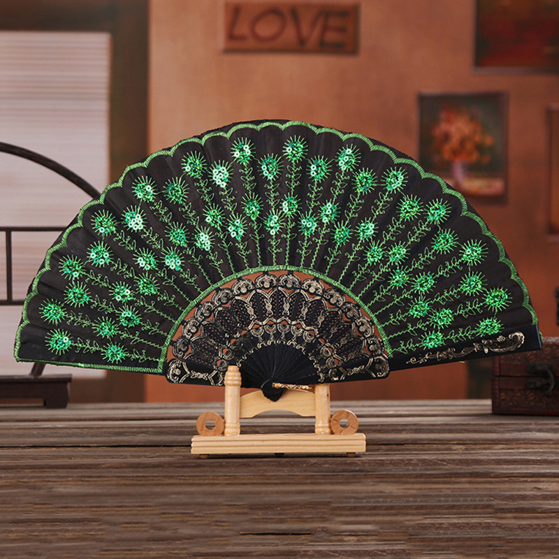 Elegant Sequin Embroidered Fan, Plastic Folding Fan, Handheld Craft Fan for Wedding, Dance, Party