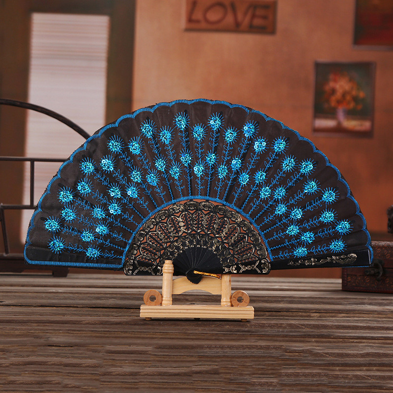 Elegant Sequin Embroidered Fan, Plastic Folding Fan, Handheld Craft Fan for Wedding, Dance, Party