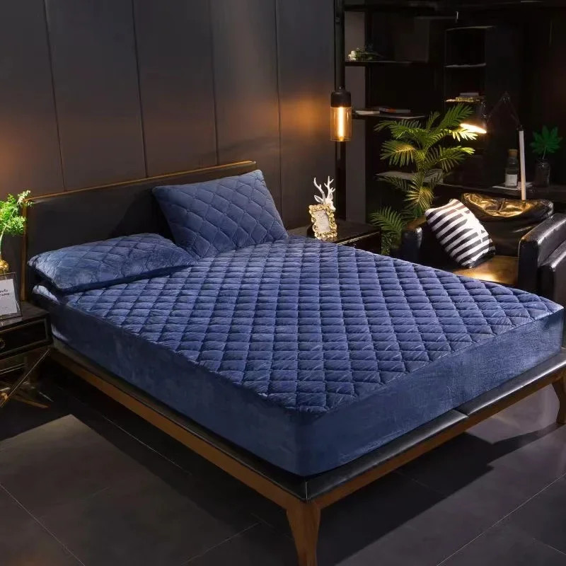 Crystal Velvet Mattress Cover, Thicken Quilted Bed Sheet, Warm Plush Fitted Sheet for Queen King Sizes