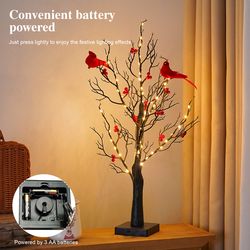 vintage led christmas tree, red berry tree light with cardinals, glowing holiday decoration