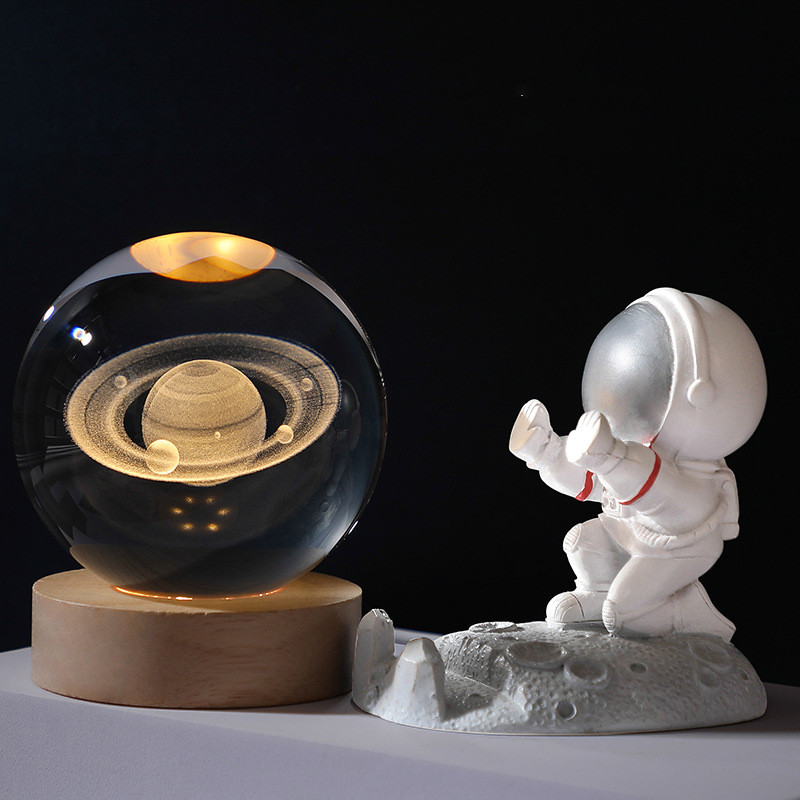 Creative Desktop Decoration, Crystal Ball with Inner Carving, Glowing Night Light, Wooden Base, Holiday Gift
