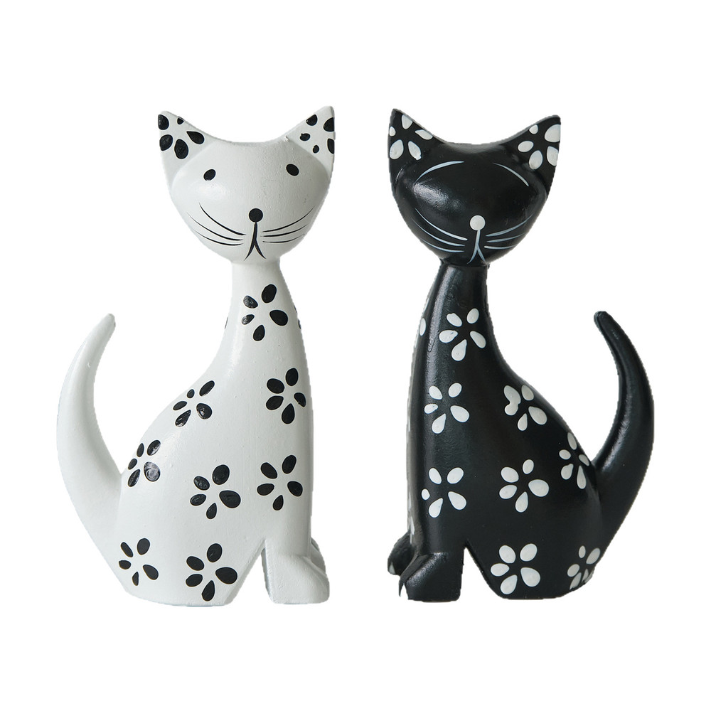 Nordic Minimalist Wooden Cat Ornament, Black and White Couple Spotted Kitten, Cute Desktop Decoration