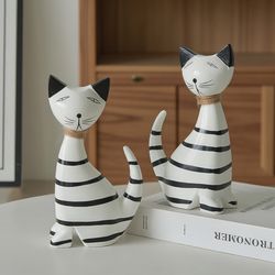 striped kitten couple ornament, nordic wooden cat decor, minimalist desktop decoration, cute cat figurine