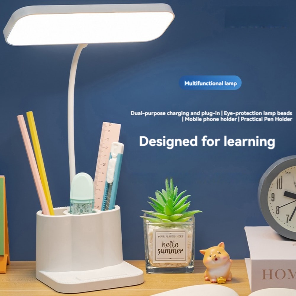 LED Multi Function Pen Holder Desk Lamp, with USB Connection for Phone Charging, Adjustable Brightness