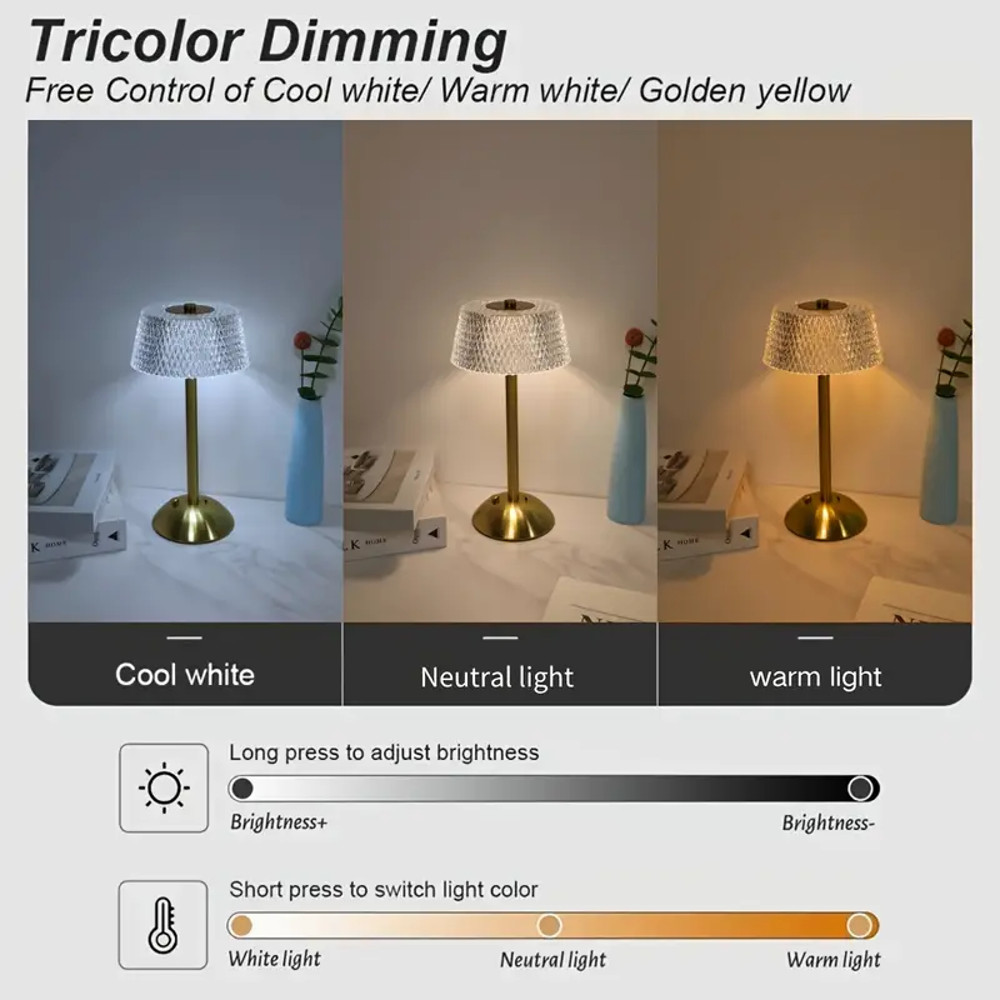 USB Rechargeable, Modern Touch LED Desk Lamp, Adjustable Cordless Metal Lamp, Crystal Decorative Light