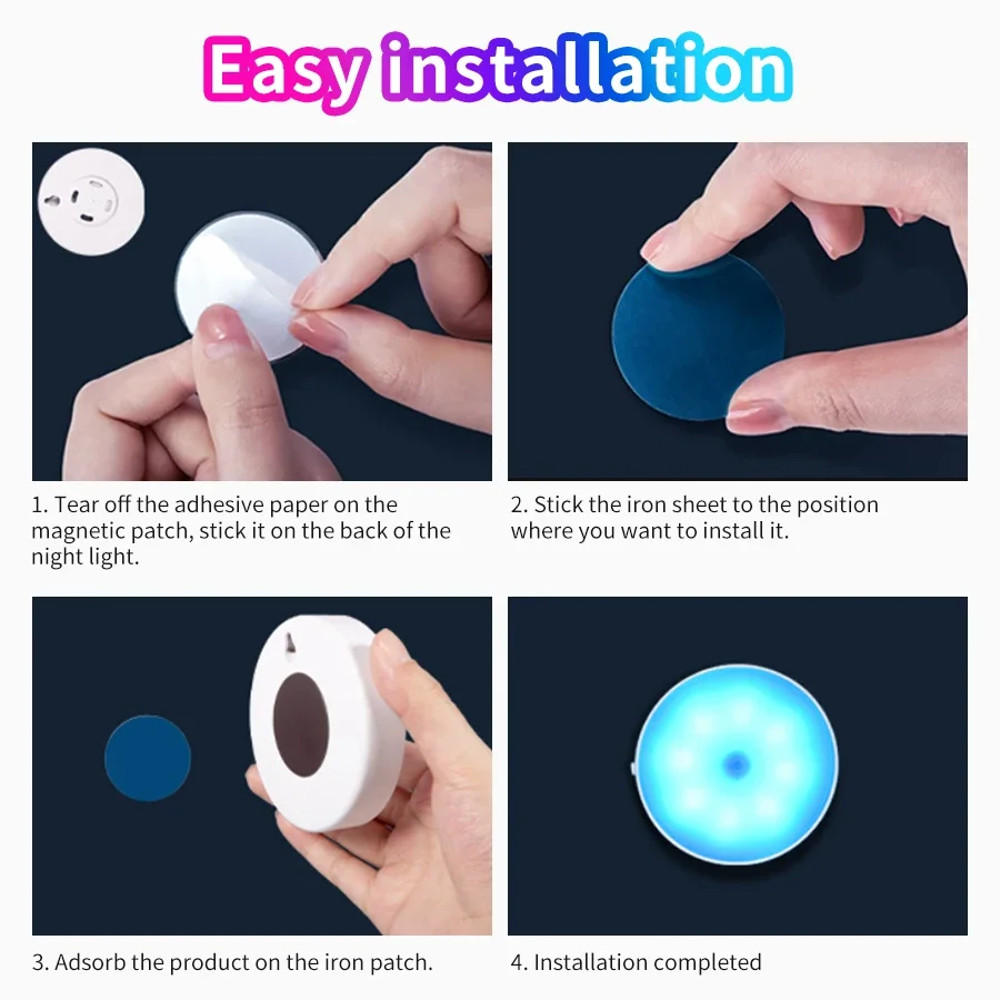 Wireless Magnetic Night Light, Round Motion Sensor Lights, Colorful LED for Kitchen Cabinet, Bedroom Atmosphere Decor
