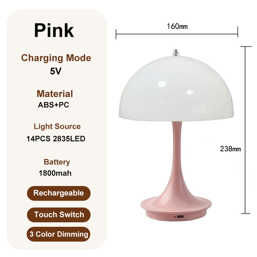 Modern Mushroom Table Lamp Rechargeable Portable Night Light With 3 Color Dimming ABS LED Decoratio 7