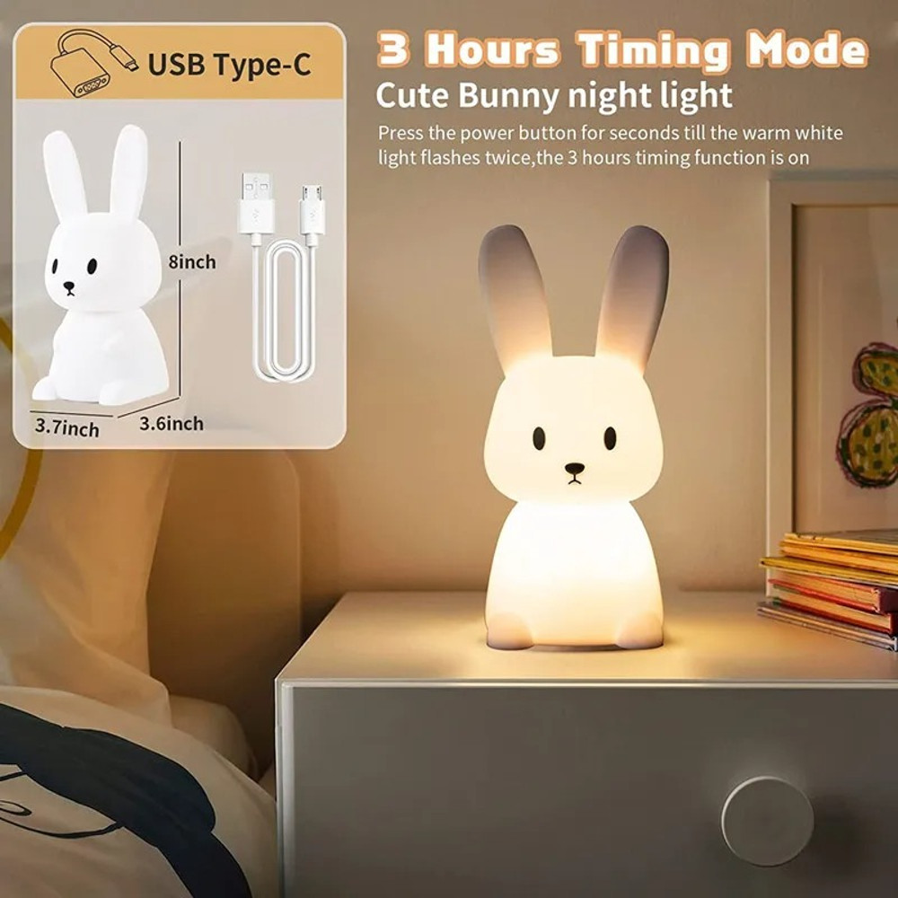 Cute Animal Night Light, Silicone Rabbit LED Lamp, Touch Sensor for Kids, Baby Bedroom Decor, Child Home Gift