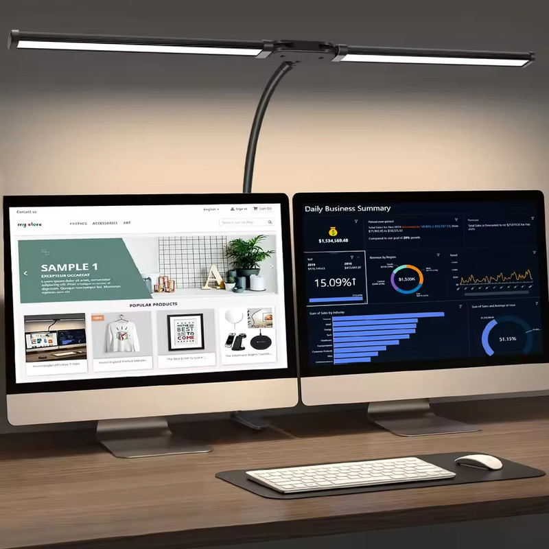 Flexible Adjustable Double Head LED Desk Lamp, Stepless Dimming, 3 Color Modes, Eye Caring Home Office Reading Light, PC