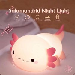 usb rechargeable axolotl night light, cute silicone nursery lamp, touch control sleeping light for kids, baby