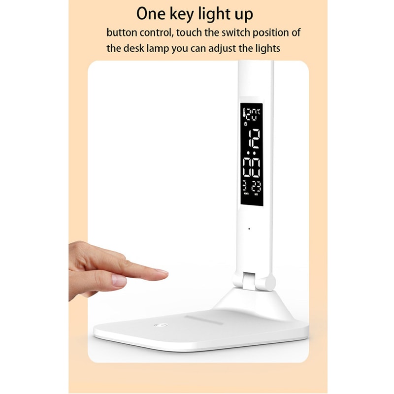USB C Rechargeable Desk Lamp Touch Dimmable LED Eye Protection Light With Alarm Clock Thermometer 3