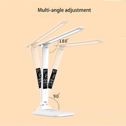 usb c rechargeable desk lamp, touch dimmable led eye protection light, with alarm clock, thermometer