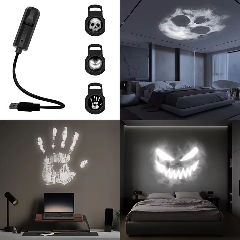 Halloween Skull Projector Lamp, LED Night Light, Rotatable Wall and Ceiling Decor, 3 Scenic Modes, USB Powered for Dark
