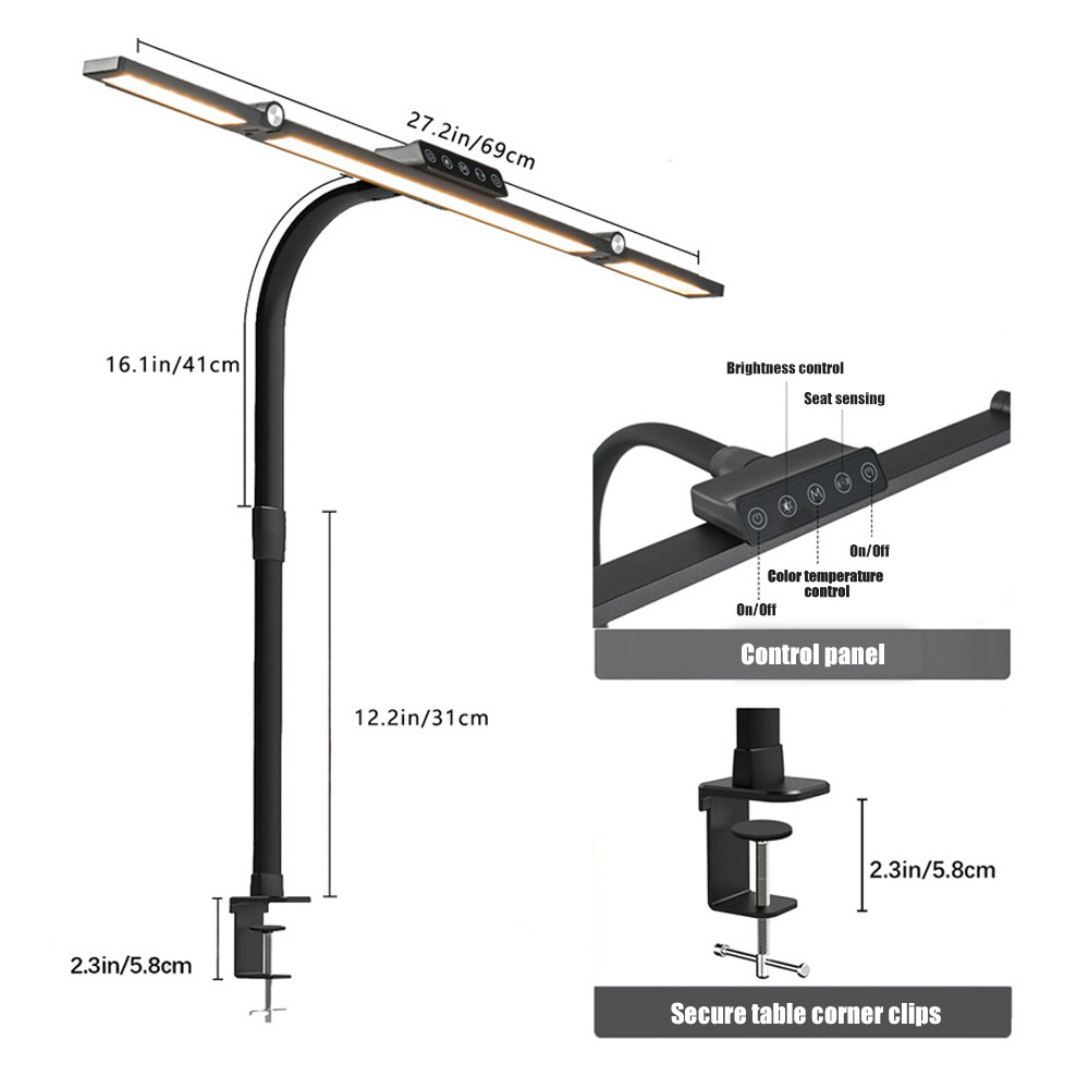 Ultra Bright LED Desk Lamp, with Clamp Mount, 3 Adjustable Heads, Automatic Dimming, Perfect Office Computer Desk Light