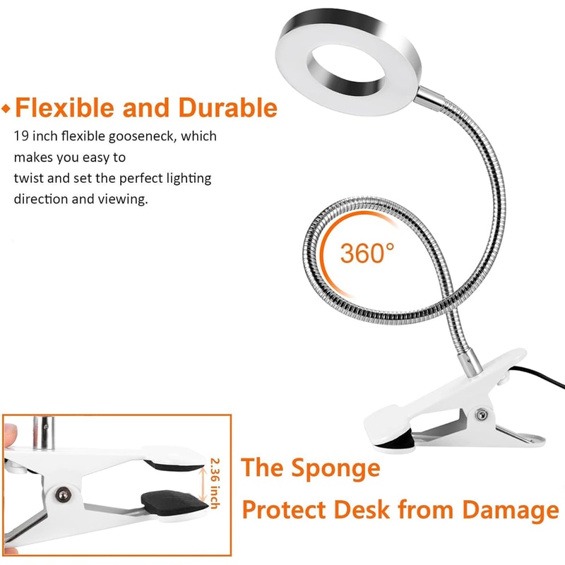 Dimmable LED Reading Light, 360 Flexible Gooseneck, Clip On Desk Lamp, Eye Protection Bedside Table Light