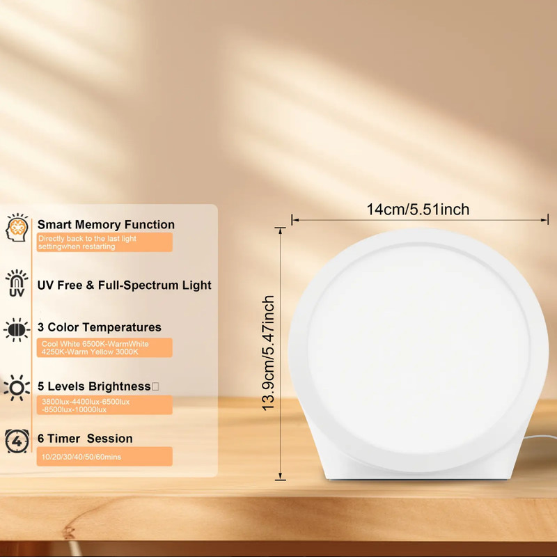 Portable Daylight Lamp, Lux Lamp with 6 Timer Settings, Adjustable Brightness, and Memory Function