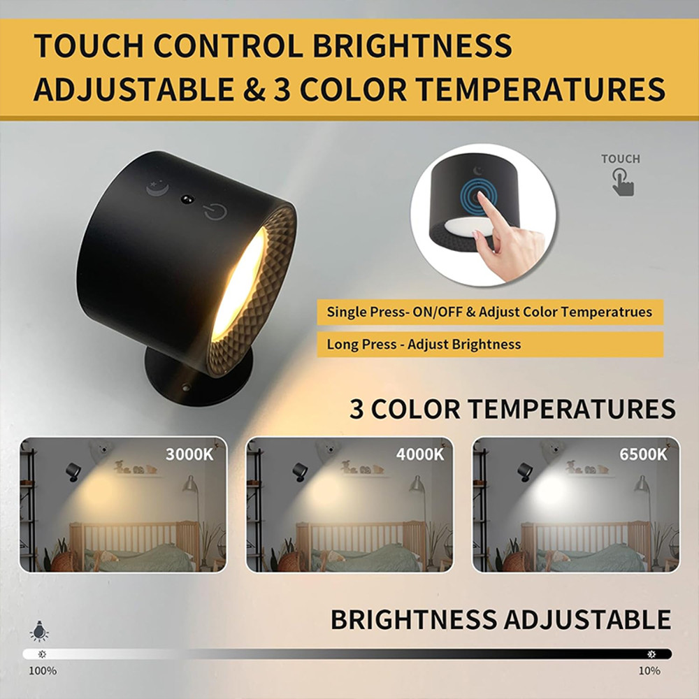 USB Rechargeable Wall Lamp, Wireless, Portable, with Touch and Remote Control, 360 Rotatable Double Head for Bedroom