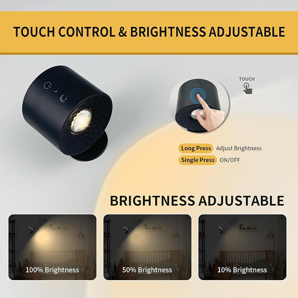 USB Rechargeable Wall Lamp, Wireless, Portable, with Touch and Remote Control, 360 Rotatable Double Head for Bedroom