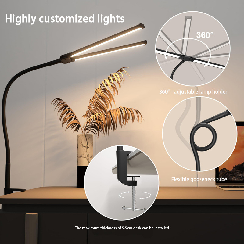 Dimmable Double Head LED Desk Lamp USB Powered PC Monitor Light With Clamp Eye Protection Reading L 1