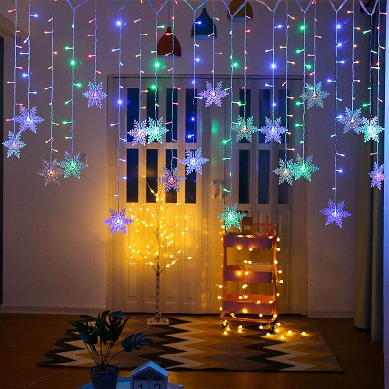 Christmas Snowflakes String Lights, Flashing Fairy Curtain, Outdoor Holiday Party Garland, New Year Decoration
