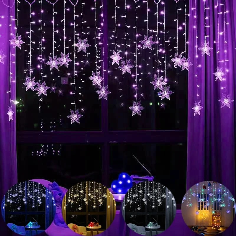 Christmas Snowflakes String Lights, Flashing Fairy Curtain, Outdoor Holiday Party Garland, New Year Decoration