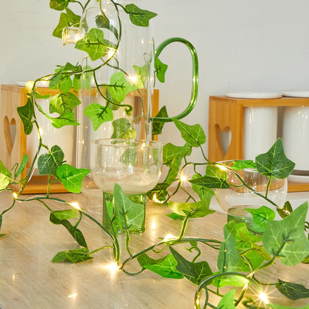 Glowing Artificial Plant Garland, Silk Fake Green Leaf Ivy Vine with LED String Lights, for Wedding and Home Bedroom