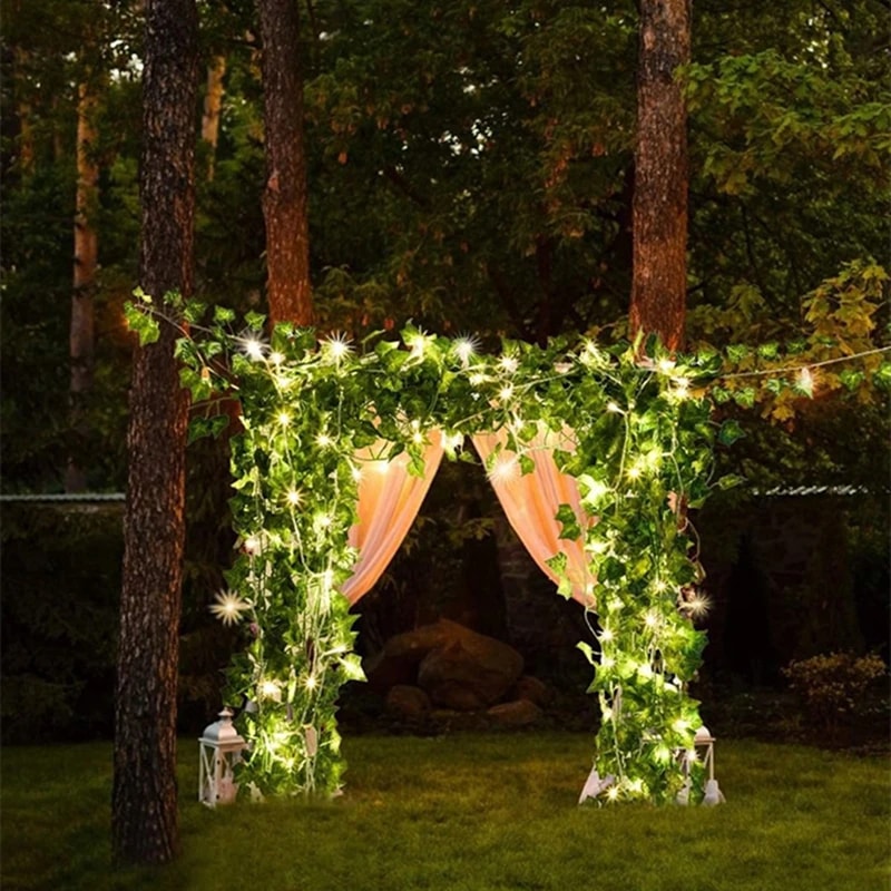 Glowing Artificial Plant Garland, Silk Fake Green Leaf Ivy Vine with LED String Lights, for Wedding and Home Bedroom