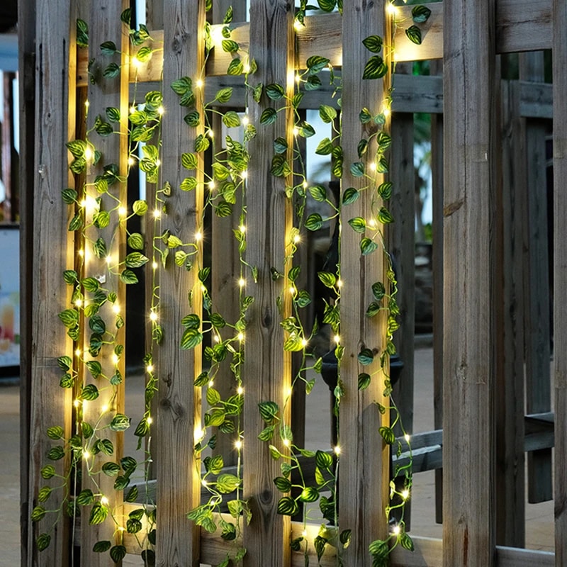Glowing Artificial Plant Garland, Silk Fake Green Leaf Ivy Vine with LED String Lights, for Wedding and Home Bedroom