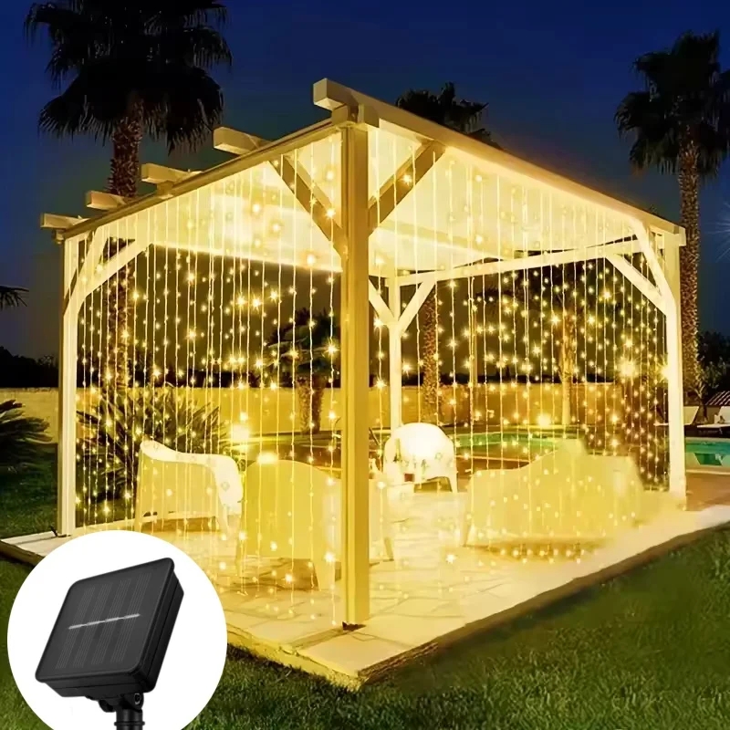 Solar Curtain Lights, Outdoor Waterproof Fairy String Lights, for Garden, Yard, Wedding, Party, Holiday Decor