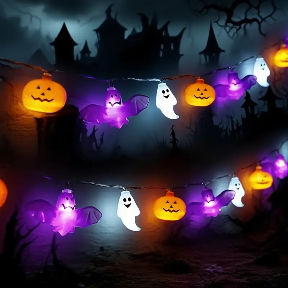 Battery Powered LED Halloween String Lights, Featuring Bats, Ghosts, and Pumpkins, for Party, Home, and Bedroom Decor