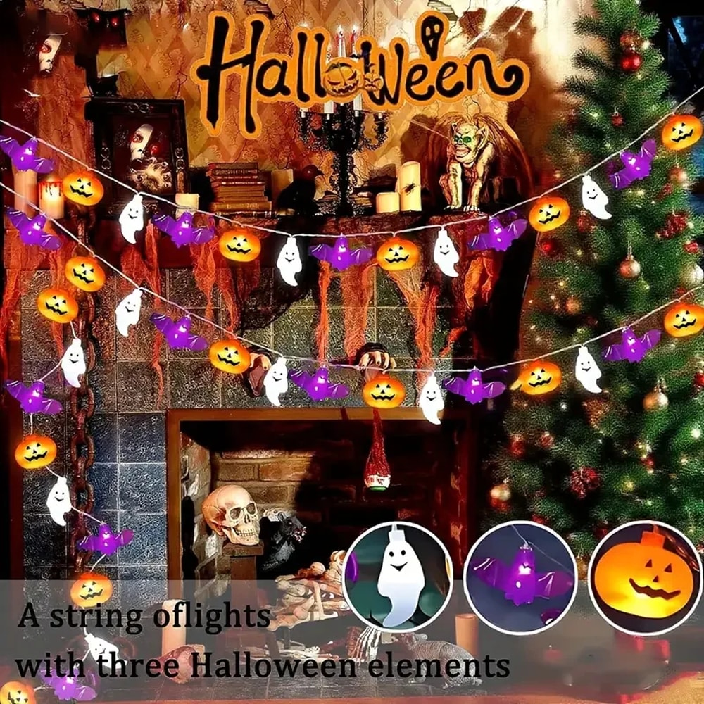Battery Powered LED Halloween String Lights, Featuring Bats, Ghosts, and Pumpkins, for Party, Home, and Bedroom Decor