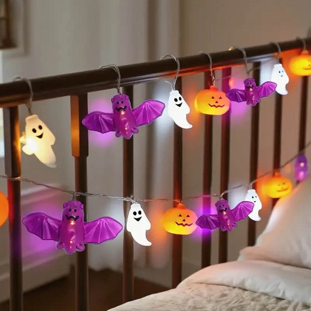 Battery Powered LED Halloween String Lights, Featuring Bats, Ghosts, and Pumpkins, for Party, Home, and Bedroom Decor