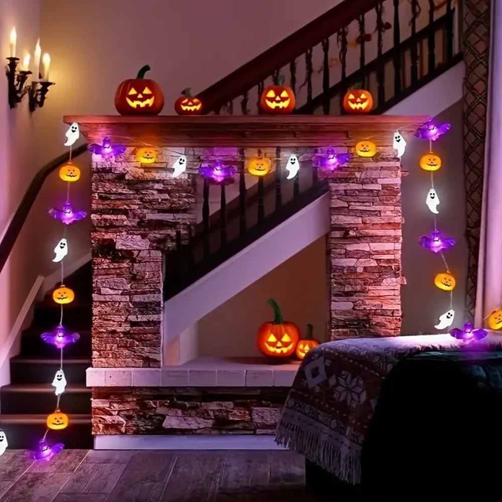 Battery Powered LED Halloween String Lights, Featuring Bats, Ghosts, and Pumpkins, for Party, Home, and Bedroom Decor