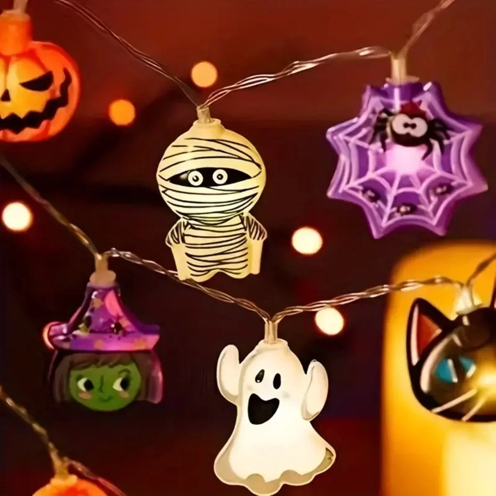 Battery Operated Halloween String Lights, Waterproof Starburst, Spider, and Skeleton Design for Camping, Curtain