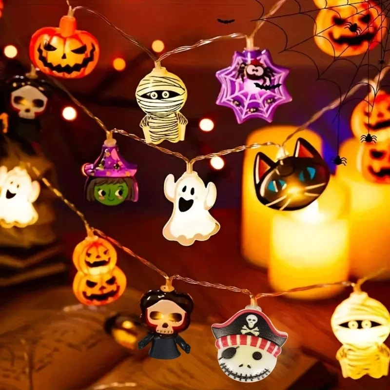 Battery Operated Halloween String Lights, Waterproof Starburst, Spider, and Skeleton Design for Camping, Curtain