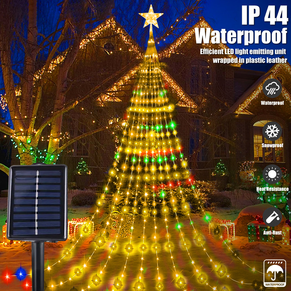 Solar Christmas Lights, Outdoor Star String Lights, Waterfall Fairy Lights for Tree and Wedding