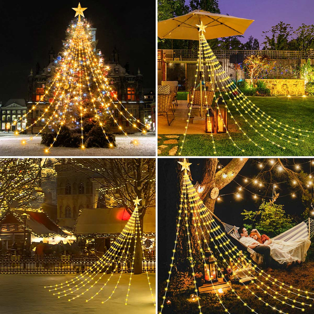 Solar Christmas Lights, Outdoor Star String Lights, Waterfall Fairy Lights for Tree and Wedding